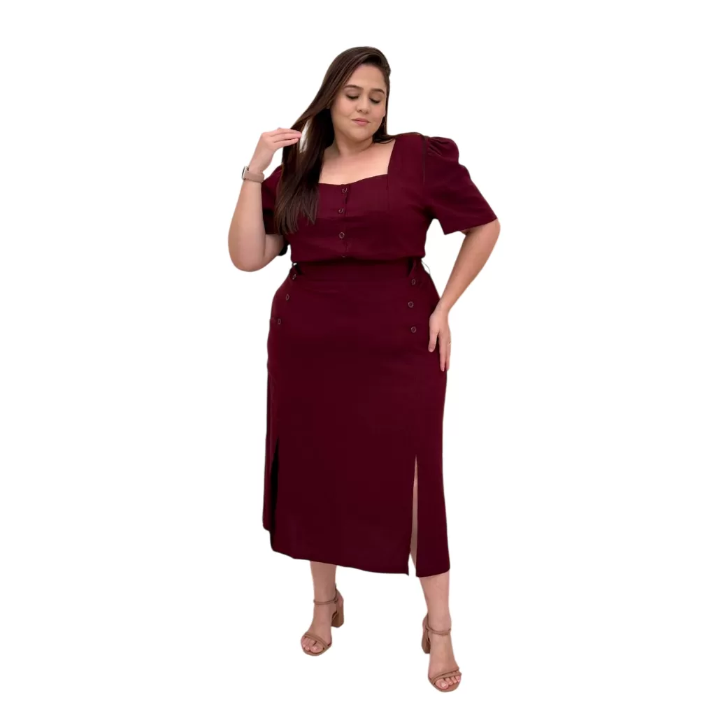 Conjunto Feminino Plus Size Linho Saia Blusa Cropped