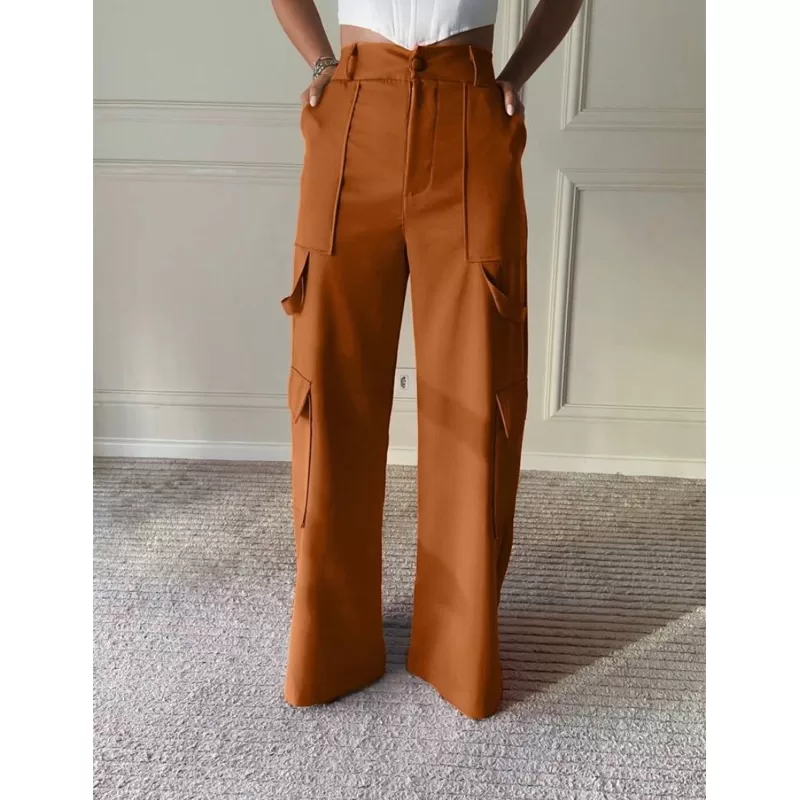 Calça Pantalona Feminina Cargo em Alfaiataria com bolsos laterais wide leg