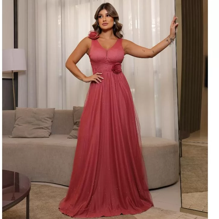 Vestido Longo de Festa Regata de Tule Brilhante Co