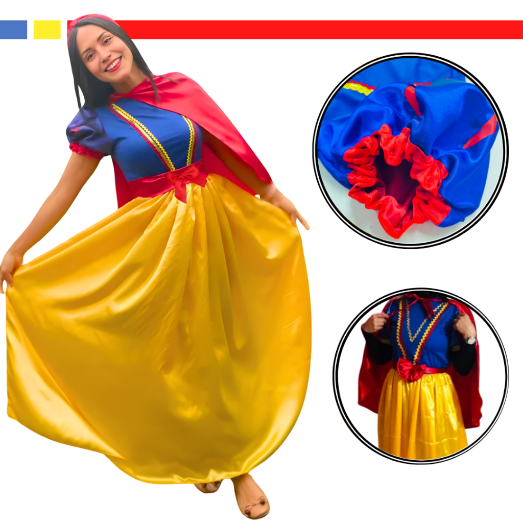 Fantasia Princesa Branca de Neve Disney Adulto Longo Luxuoso +Capa+Cinto Laço Removível Premium Ultr