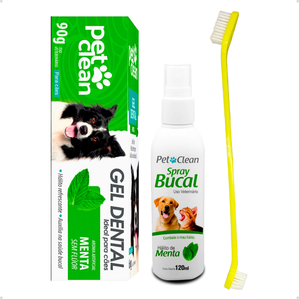 Kit Gel Dental Pasta de Dente Pet Clean + Spray Bucal + Escova de Dente Dupla para Cachorro e Gato