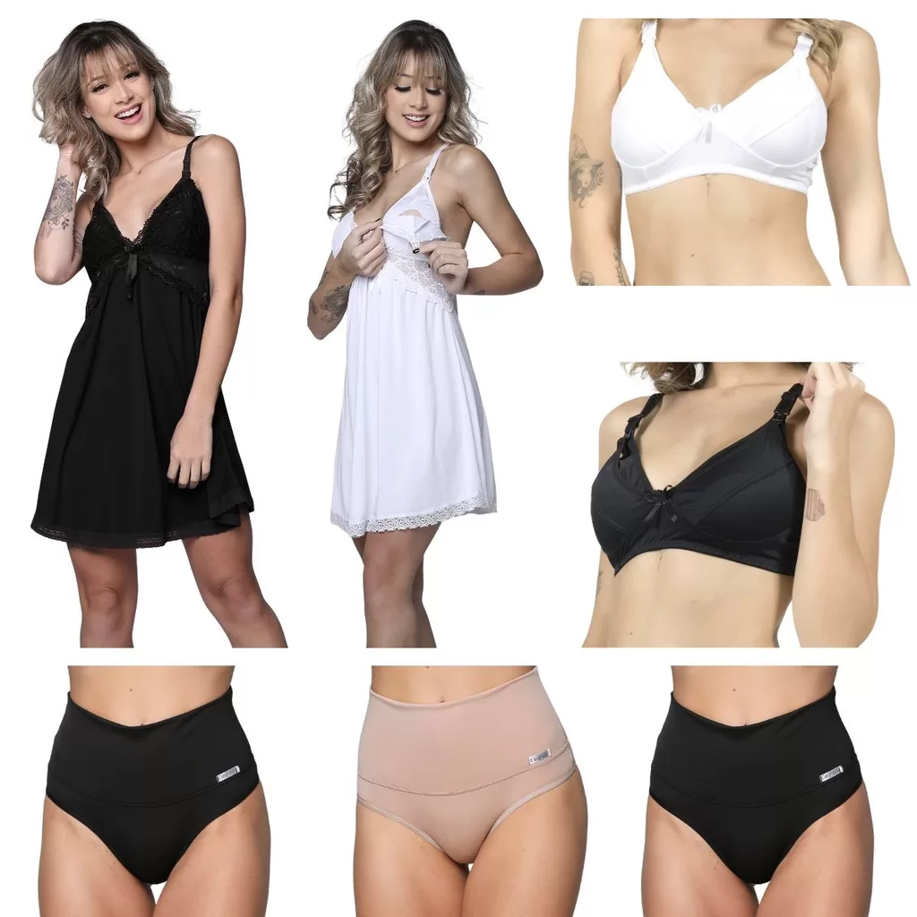 Kit Maternidade 2 Camisolas + 3 Calcinhas + 2 Sutiãs Amamentação