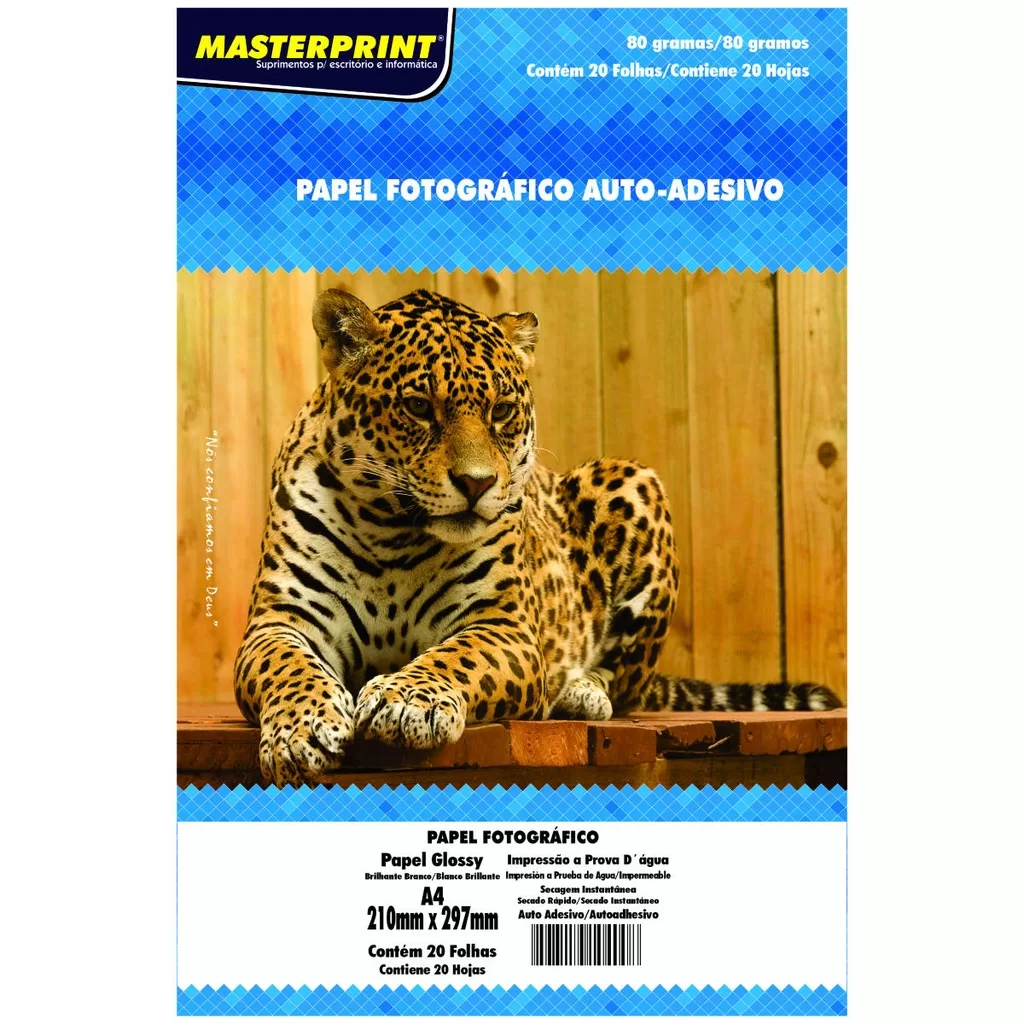Papel Adesivo Glossy 80g A4 Fotográfico Branco Brilhante Masterprint com 20 folhas