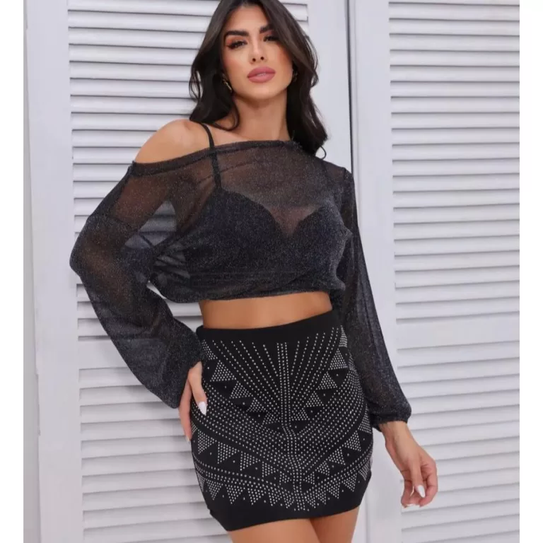 Cropped Ciganinha Transparente Tule Manga Longa Lu