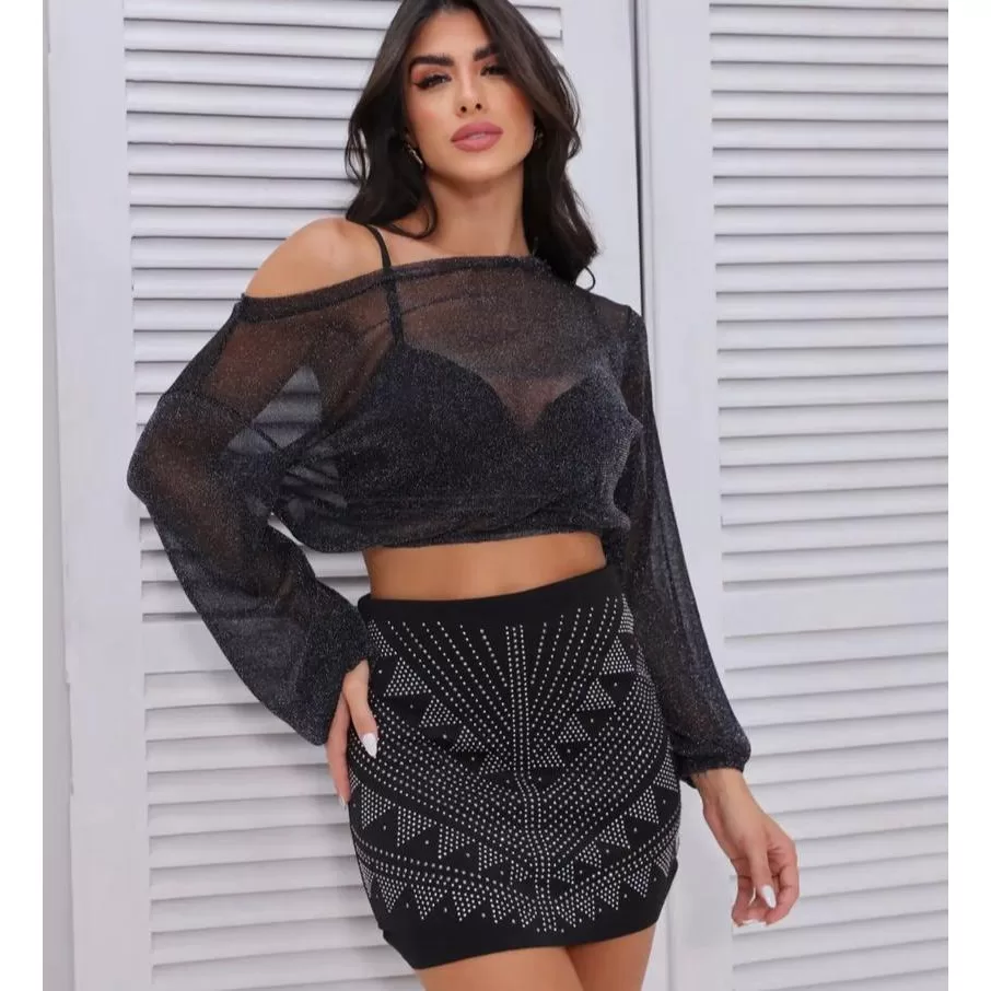 Cropped Ciganinha Transparente Tule Manga Longa Lurex Brilho