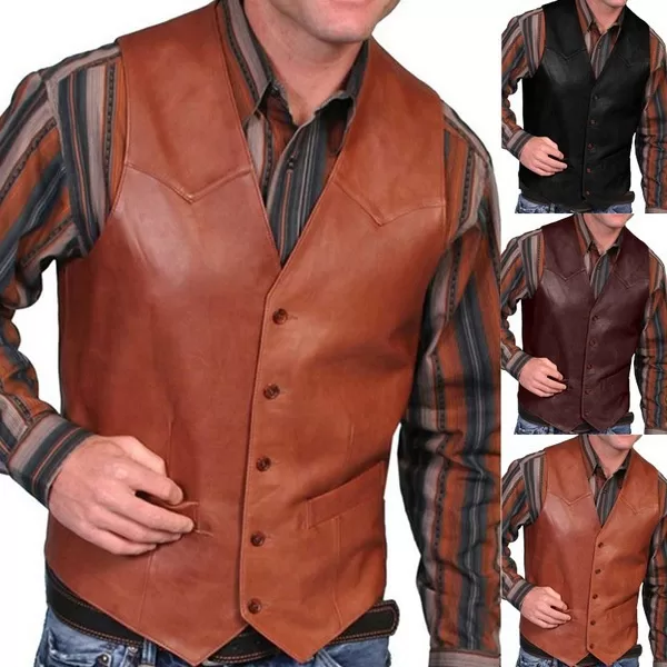 Colete Couro Masculina Retrô com Botão Slim Fit 
