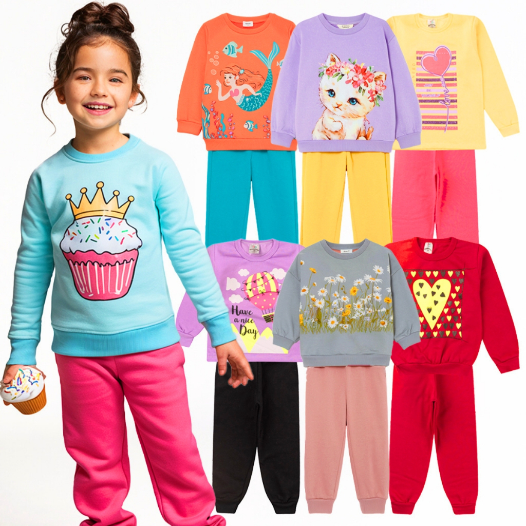 kit de 2 ou 6 Peças Moletom Infantil Menina Conjunto Feminino Outono Inverno