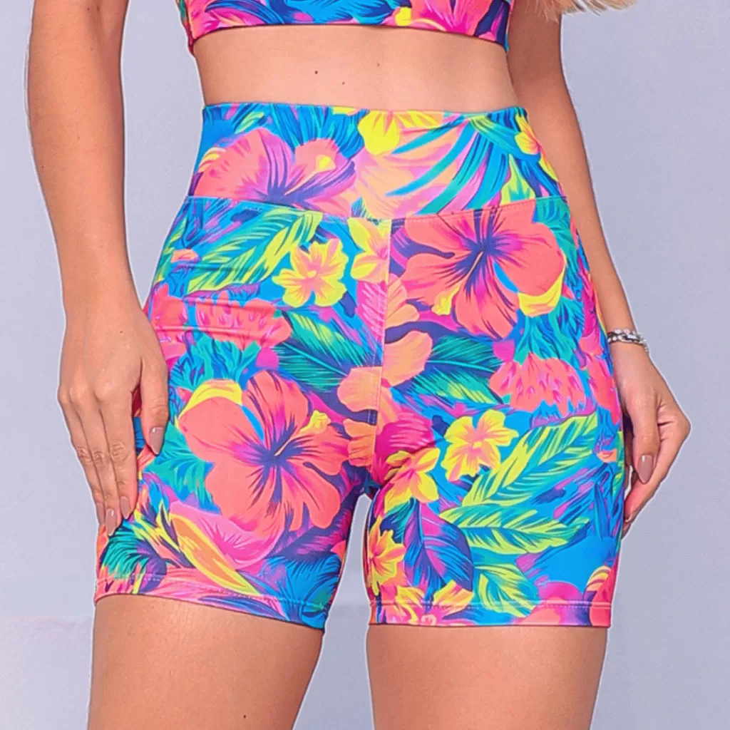 Short Feminino Meia Coxa Cintura Alta Suplex Esportivo Academia Fitness Estampada  Floral Abstrato
