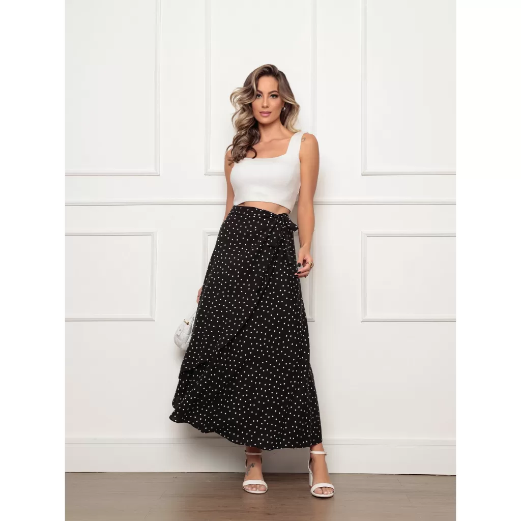 Saia Envelope Preto com bolinha Transpassada Longa feminina De amarrar Poa