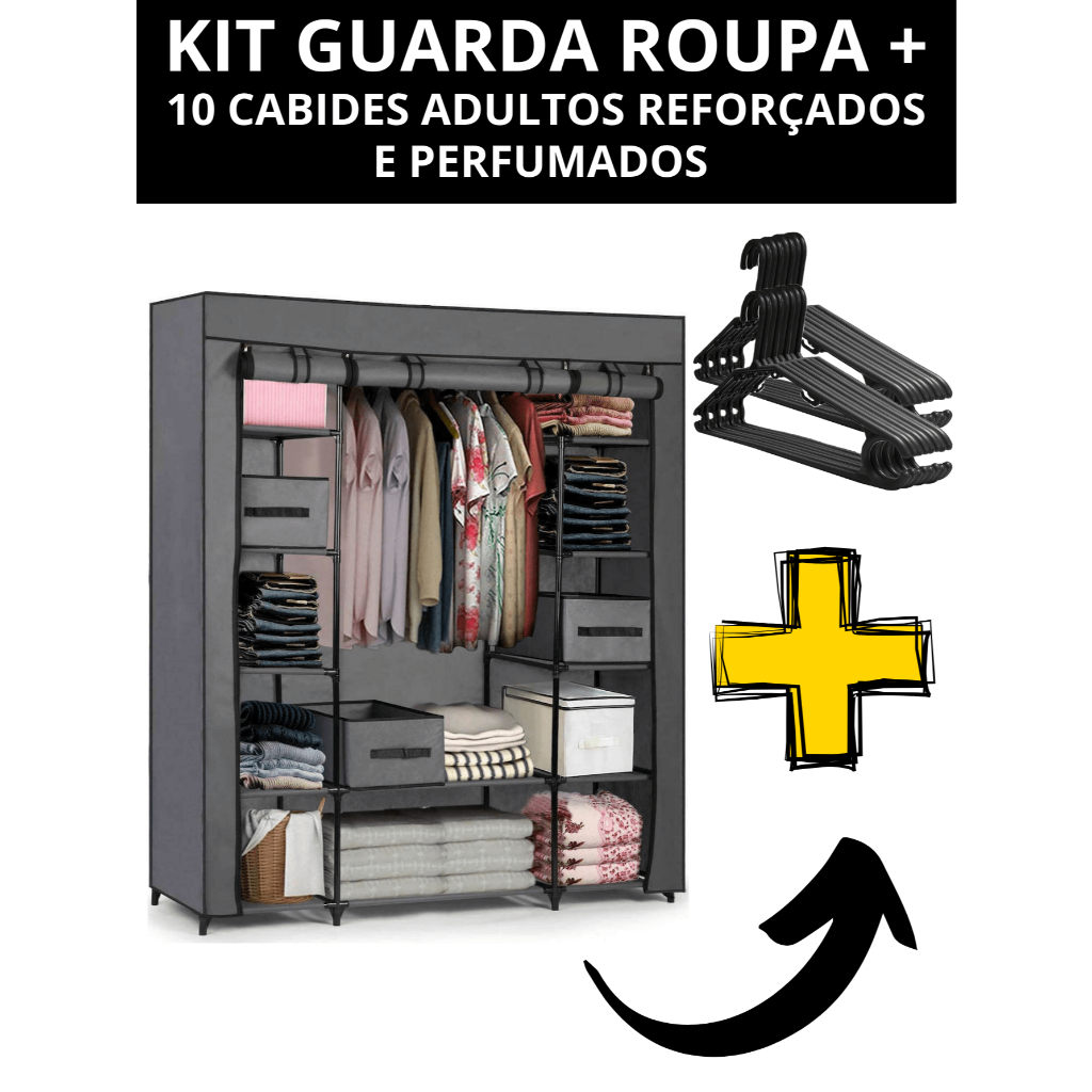 Kit Guarda Roupa c/3 Portas Dobravel Armario Organizador Portatil + 10 Cabides Adultos Resistente Ca