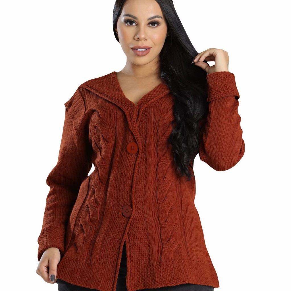Moda Outono Inverno Tricô Manga Longa Cardigan Listrada