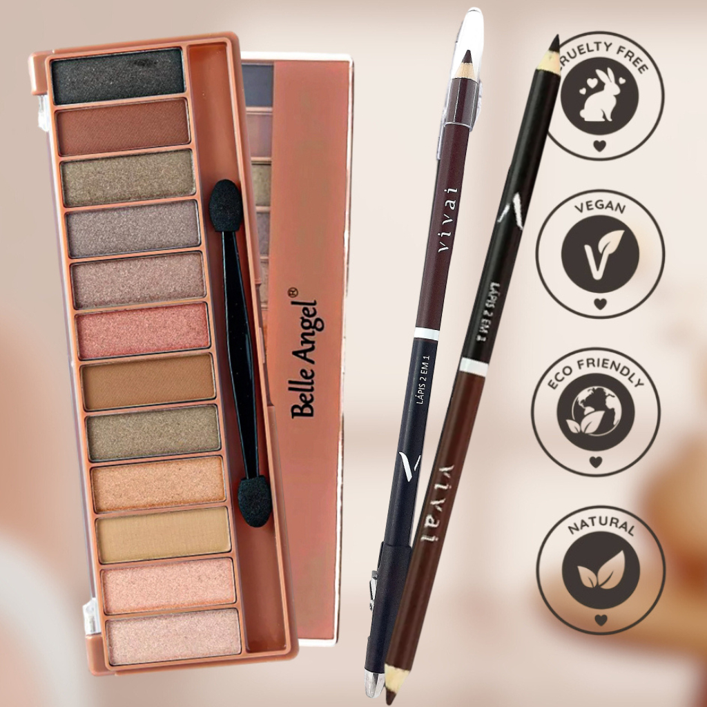 Lápis preto e Marrom, Paleta de sombras 12 cores Belle Angel, Versátil, kit maquiagem completa