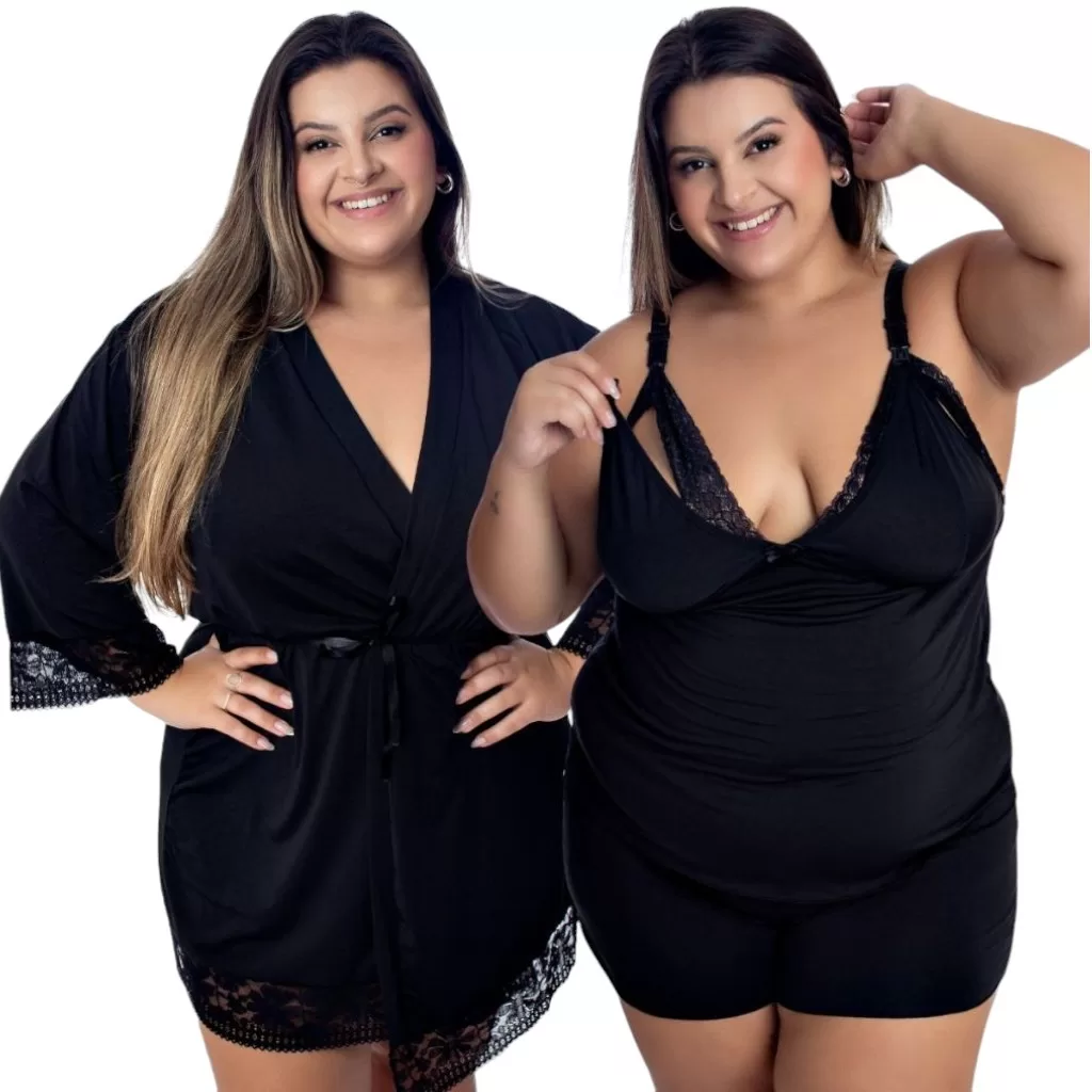Kit amamentação Robe e Baby Doll Plus Size Pijama Feminino Plus Lingerie Amamentação