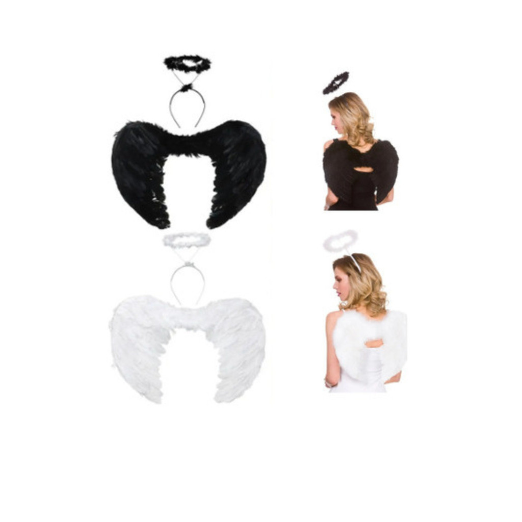 Kit Asa De Anjo e Tiara de Anjo Preto ou Branca Carnaval Cosplay