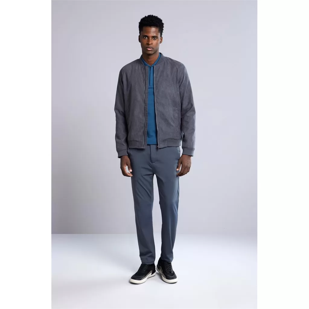 Jaqueta Bomber com Zíper Suede – Cinza Chumbo