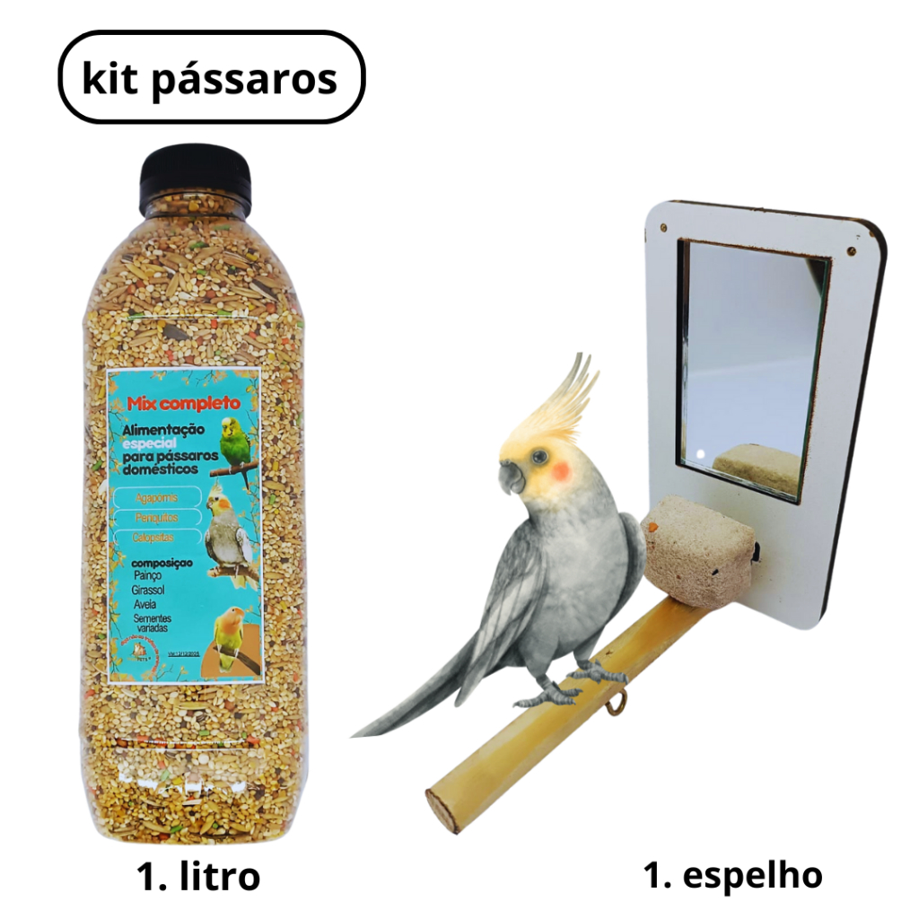 Kit Completo para Pássaros – Mistura Premium + Espelhinho para Calopsitas, Agapornis e Periquitos
