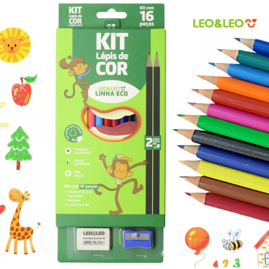 Làpis de cor Leoleo Kit Com Lápis Grafitte Borracha e Apontador Cores Fortes Vibrante Escrita Macia