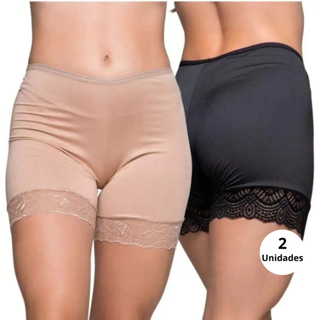Kit 2 Short Anágua Meia Perna Com Renda Liso Conforto Segunda Pele Feminino Bermuda Lingerie