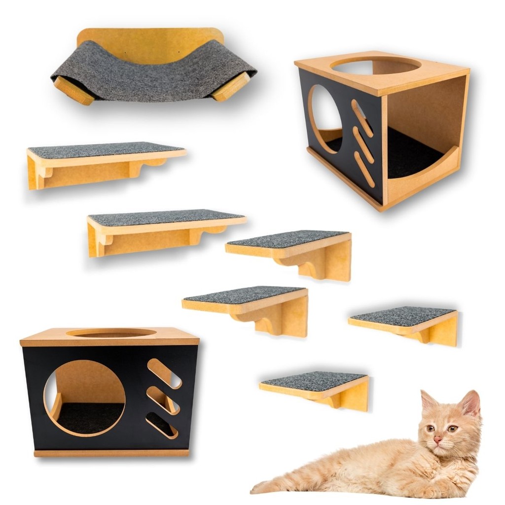 Playground Gato 9pçs REFORÇADO MDF 15MM Com Rede Carpete Nichos Prateleiras Montados TEV