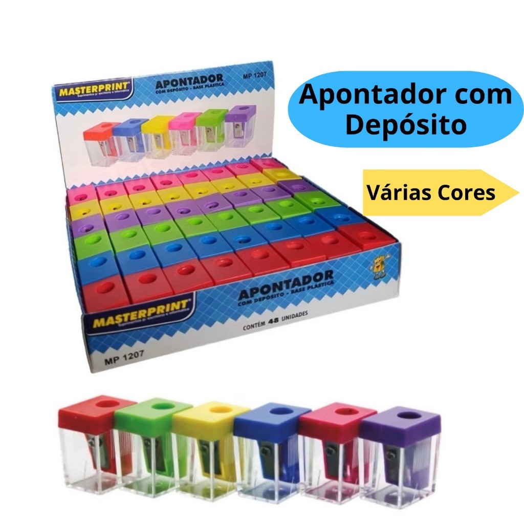 Apontador com Depósito Cores Sortidas Base Plástica Escolar – Masterprint (1, 3 OU 6 UNIDADES)