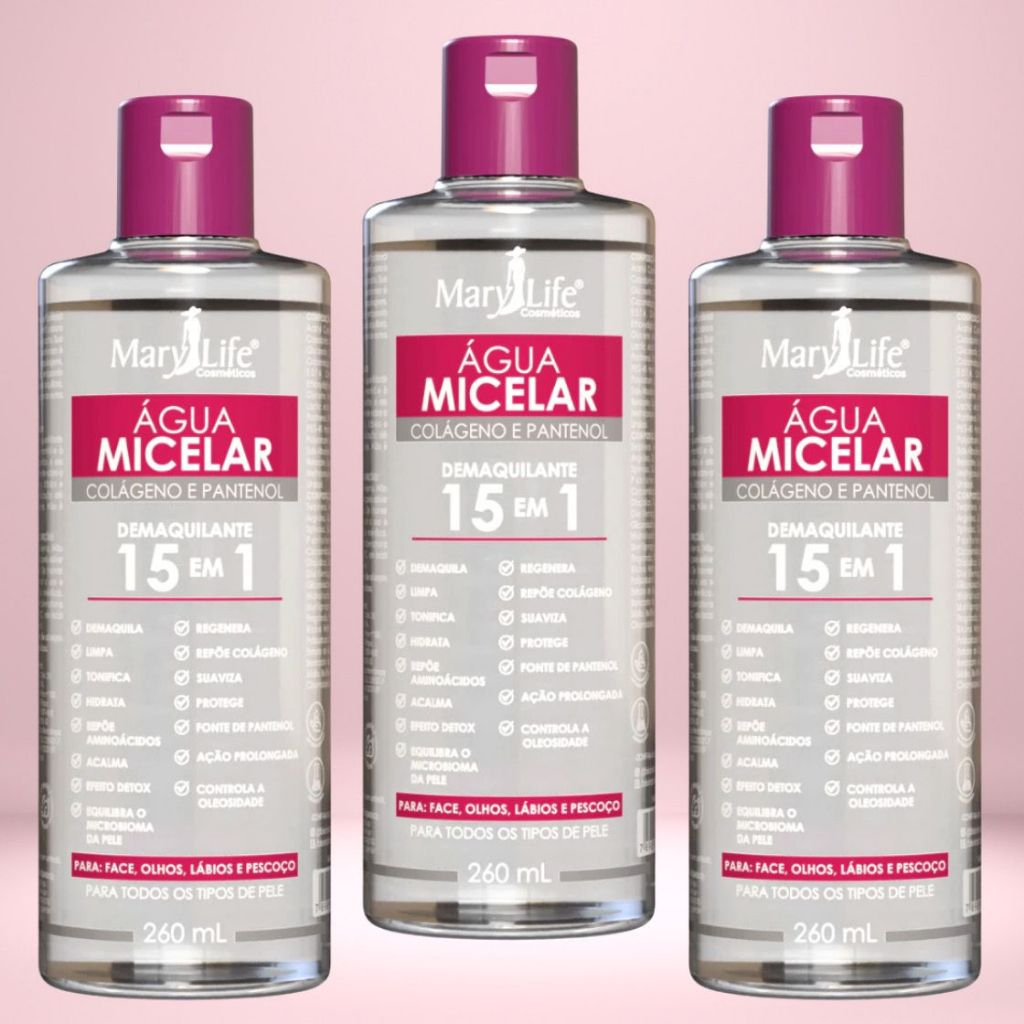 Kit 3 Unidades Água Micelar Colágeno e Pantenol Demaquilante 15 em 1 Remove Maquiagem, Hidrata