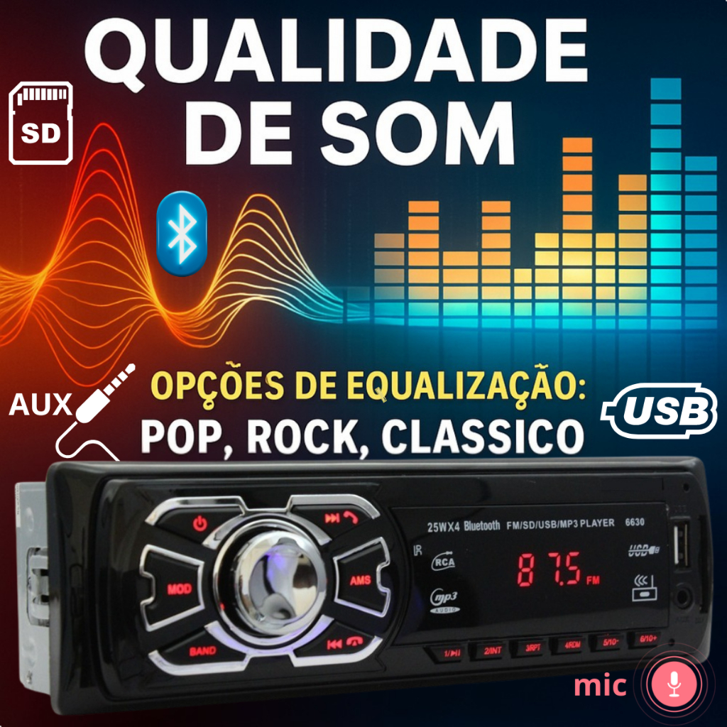Rádio Automotivo Bluetooth MP3 USB SD 4x25W RCA AUX FM Comando de Voz Aparelho Som Carro 100 Watts