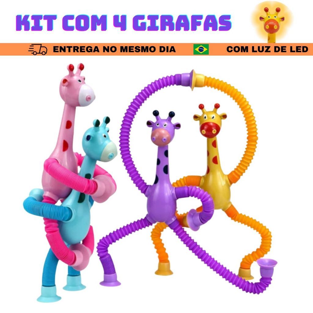 Kit 4 Girafas Sucção Pop Tube Luz Led com Ventosa Estica Brinquedo Infantil Anti Stress Dute Toy