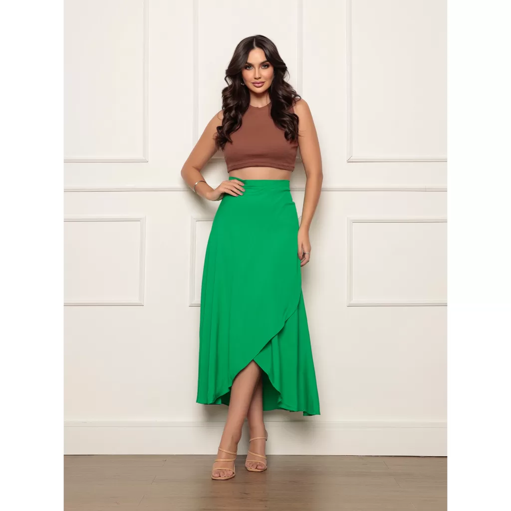 Saia Envelope Verde Transpassada Longa feminina De amarrar