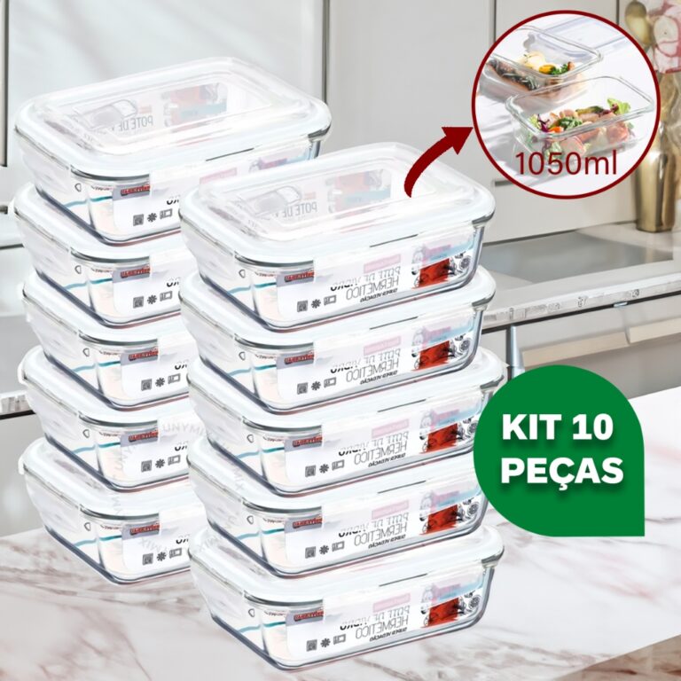 Kit 10 ou 5 Potes Vidro Hermético 1040ml Retangul