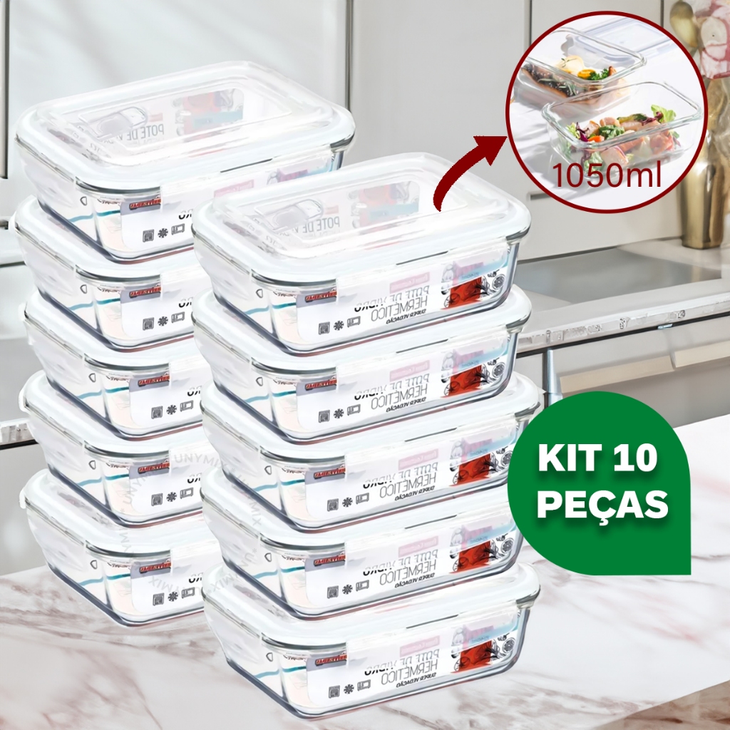 Kit 10 ou 5 Potes Vidro Hermético 1040ml Retangular 4 Travas Marmita Premium