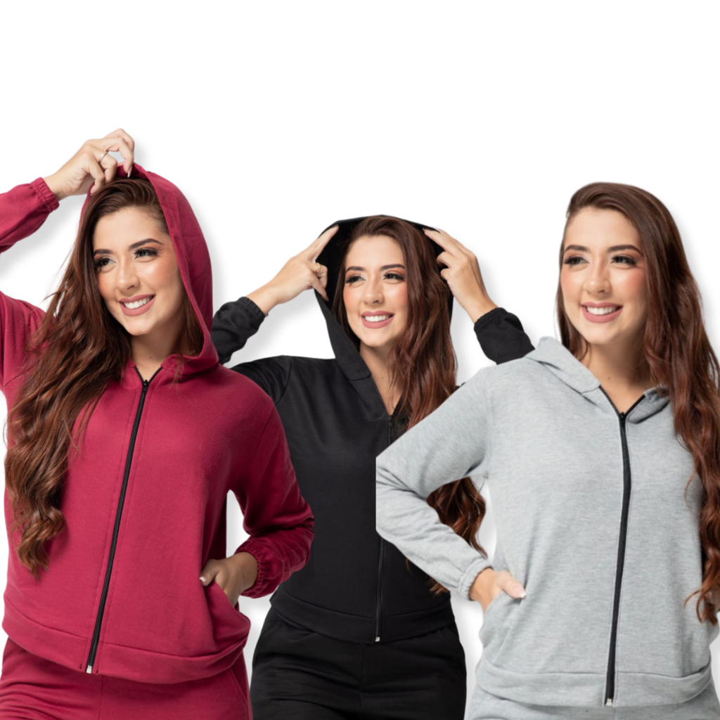 Casaco Moletom Feminino com Ziper Flanelado Forrado com Com Capuz Femina