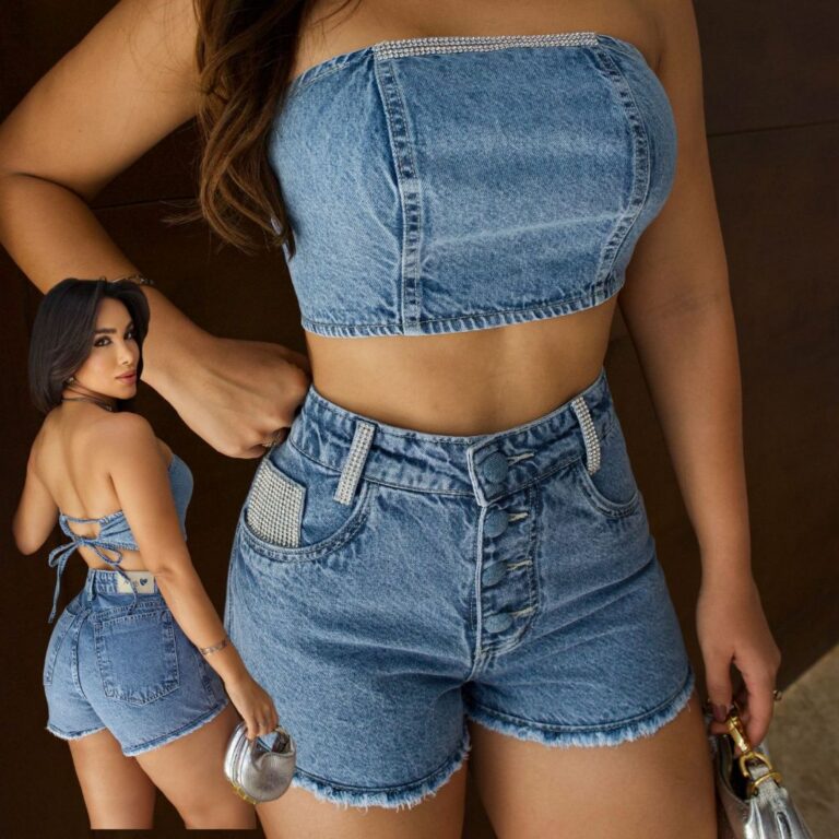 Conjunto Jeans Cropped Top Short Manta Prata Brilh