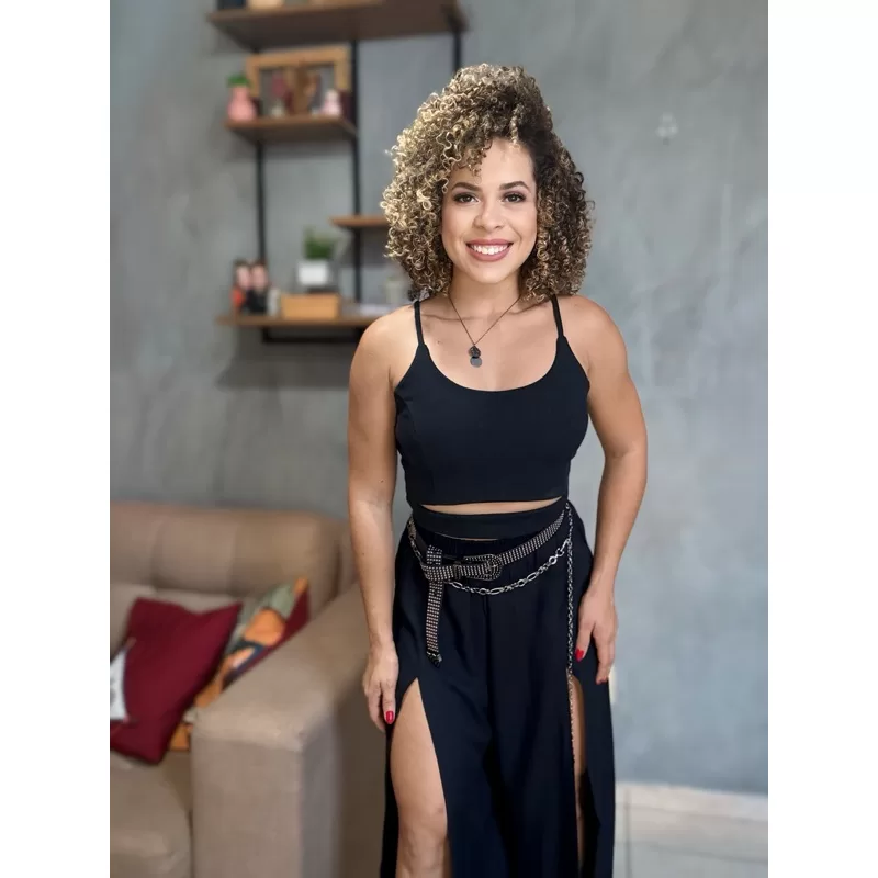 Calça Feminina Pantalona Cintura Alta com Lastex e Fenda Viscose Não Encolhe