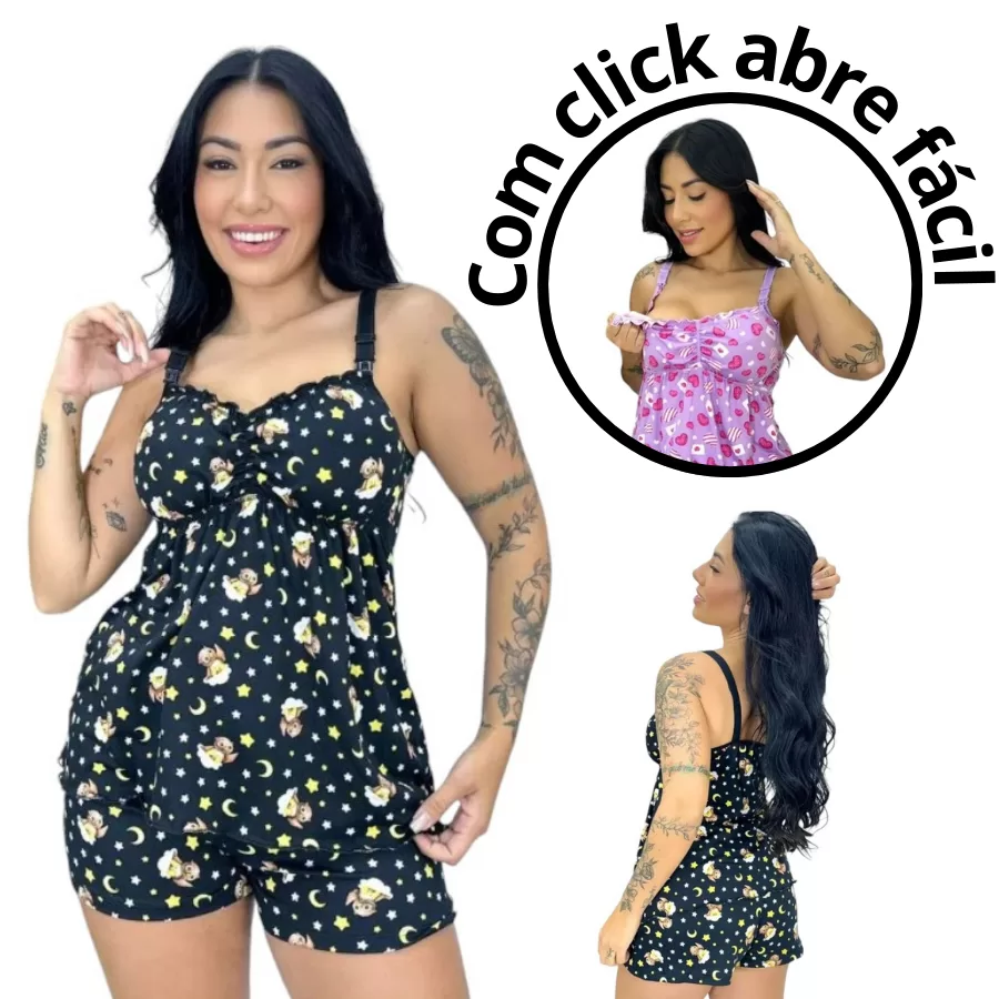 Baby Doll Amamentação Gestante pós parto Click Abre Fácil