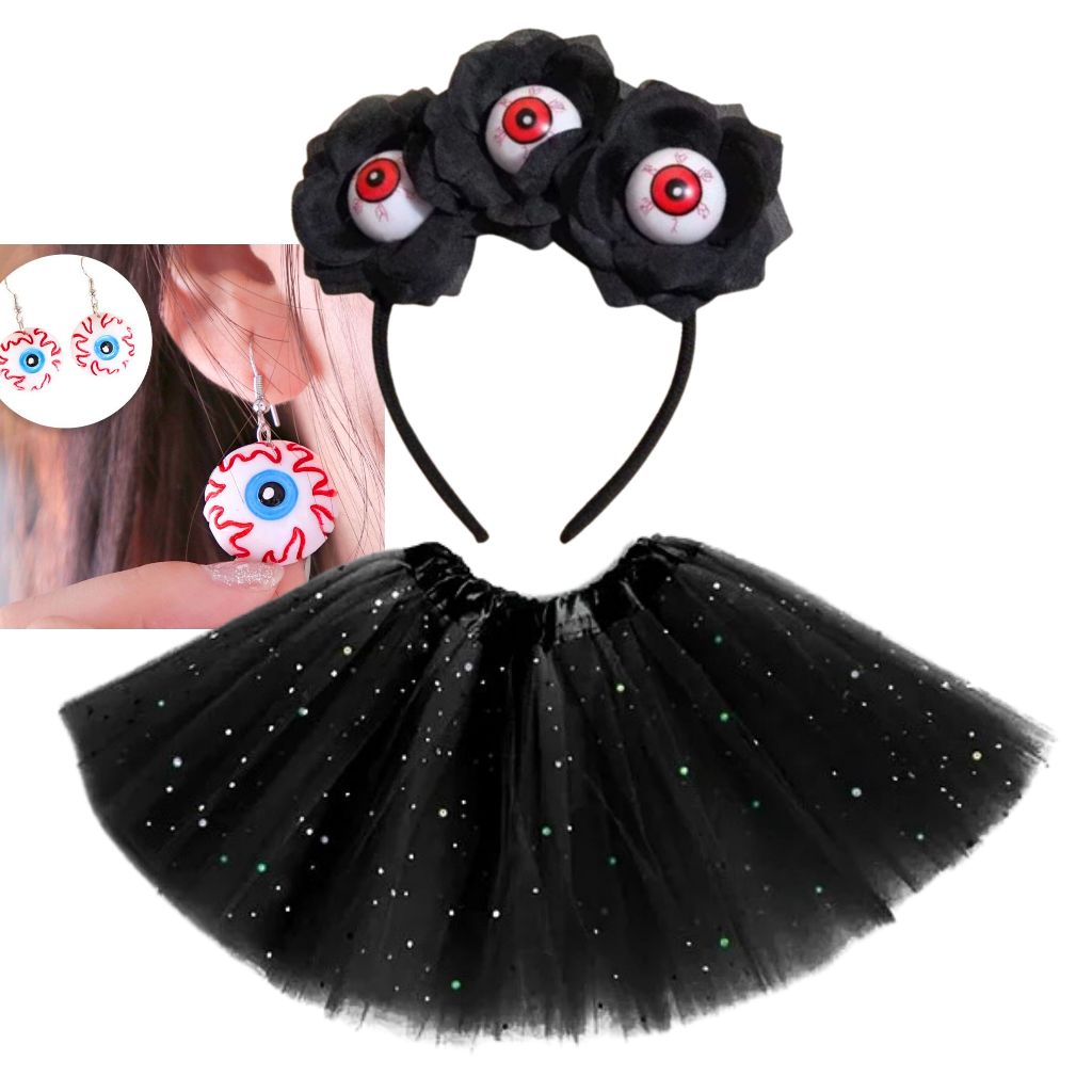 Fantasia Halloween Infantil Adulto OLHOS HORRIPILANTES- Tule Tiara e Brinco Feminina Dia Das Bruxas