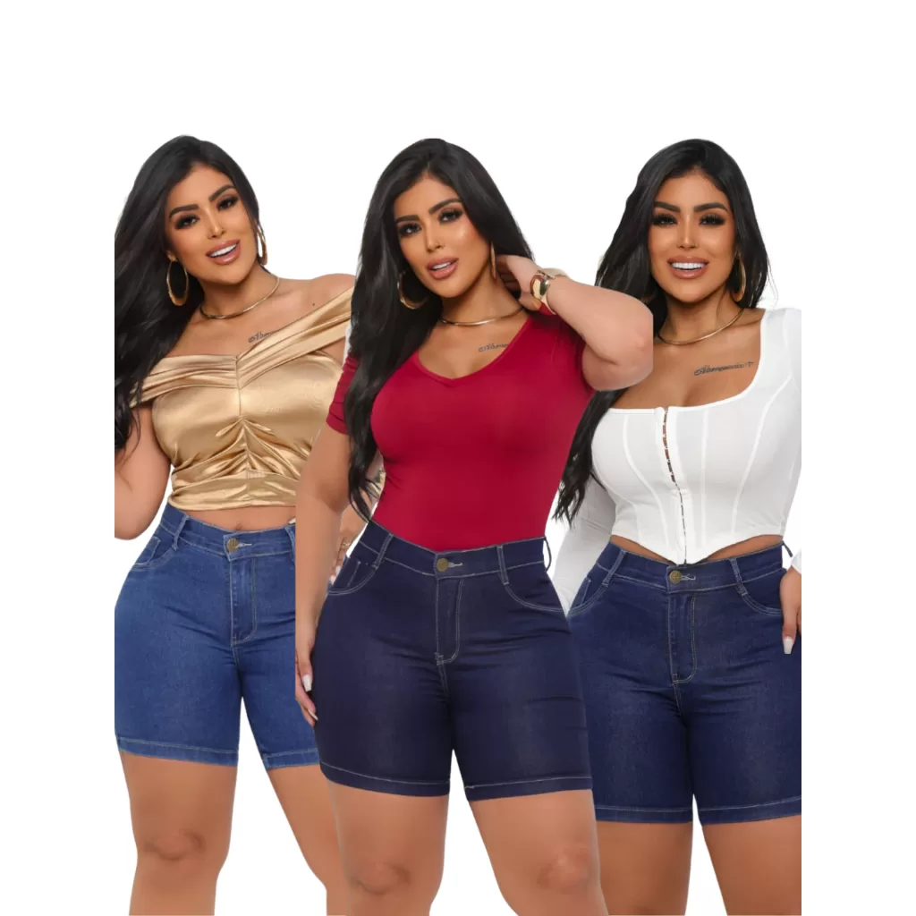 Bermuda Jeans feminina Ciclista Lycra Elastano Tradicional Meia Coxa Cintura Alta Empina Bumbum