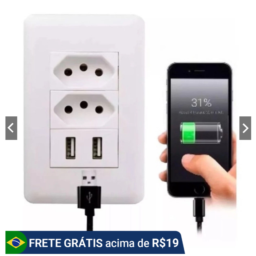 Tomada USB  Tomada De Parede Bivolt Multifuncional Com 2 Entrada USB