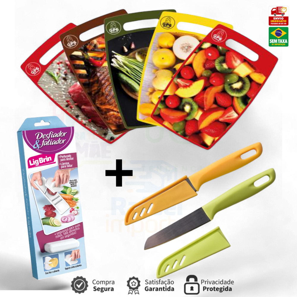 Kit Tabua Plastica Estampada 36cm +Desfiador+Faca Legumes com Capa Cor Aleatoria 26,5 x 23 cm GP2041