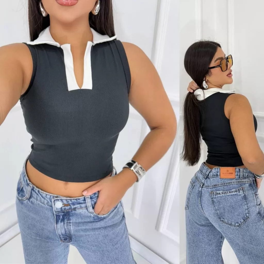 Regata Gola Polo Canelada Blusa Básica Feminina Bicolor Camiseta Casual Moderna Tendência