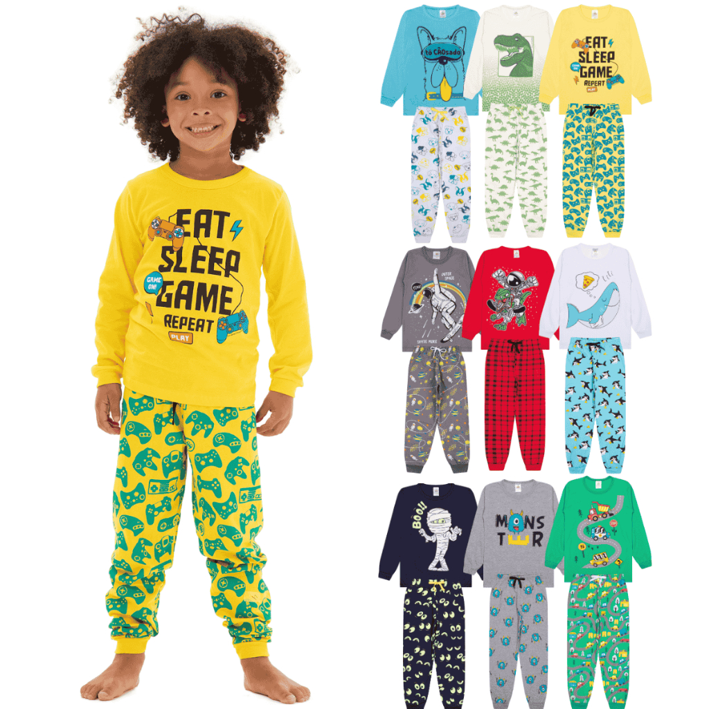 Kit Sortido 2, 4 ou 10 Peças Pijamas Infantil Menino Manga Comprida Pijaminha Infantil Masculino de