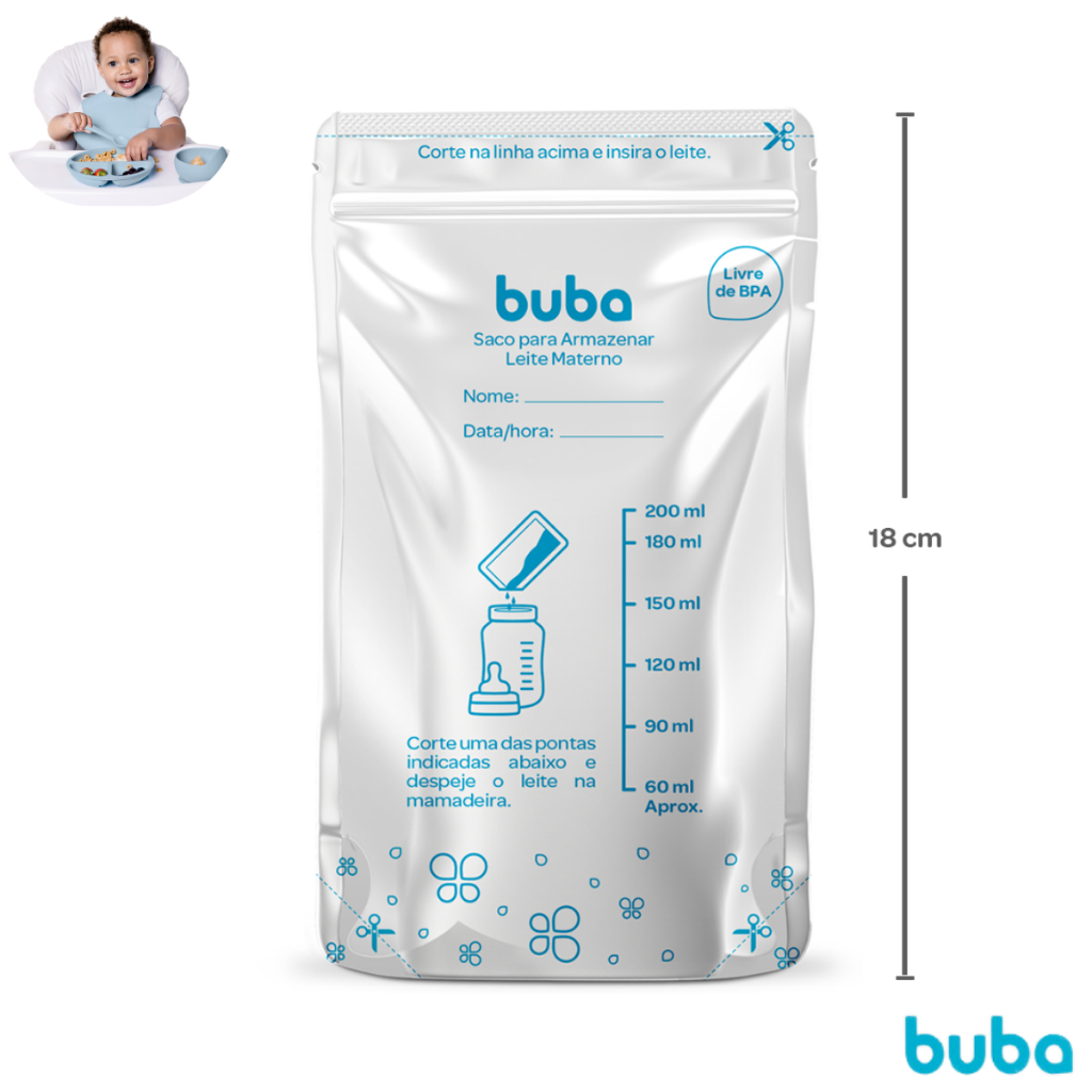 Saco Para Armazenar Leite Materno 200ml Com Zíper Duplo Anti Vazamento – BUBA ORIGINAL – 25 Unidades