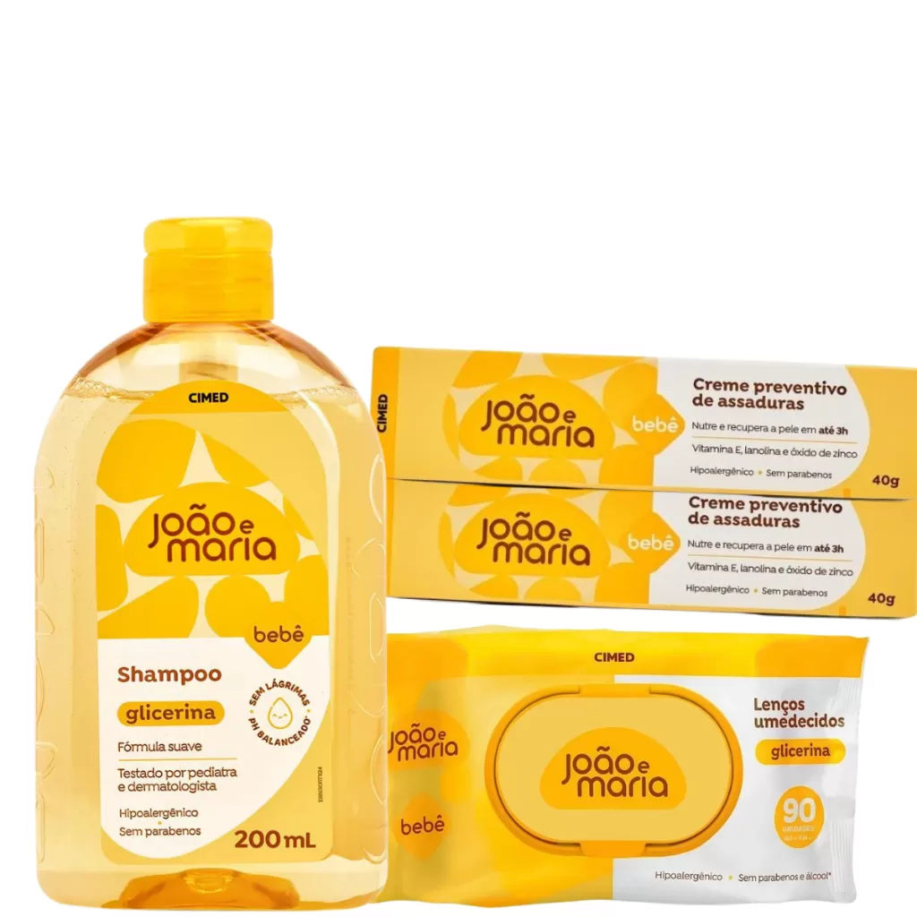 KIT João e Maria Linha Shampoo 200ml + 2x Creme preventivo de Assaduras 40g + 1- Lenços Umedcidos 90