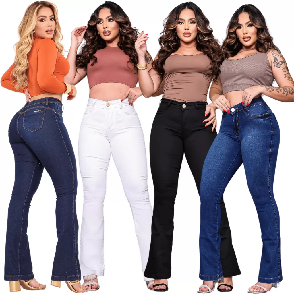 Calça Jeans Flare Feminina Cintura Alta Levanta Bumbum Modeladora Boca de Sino Pantalona Lycra Stret