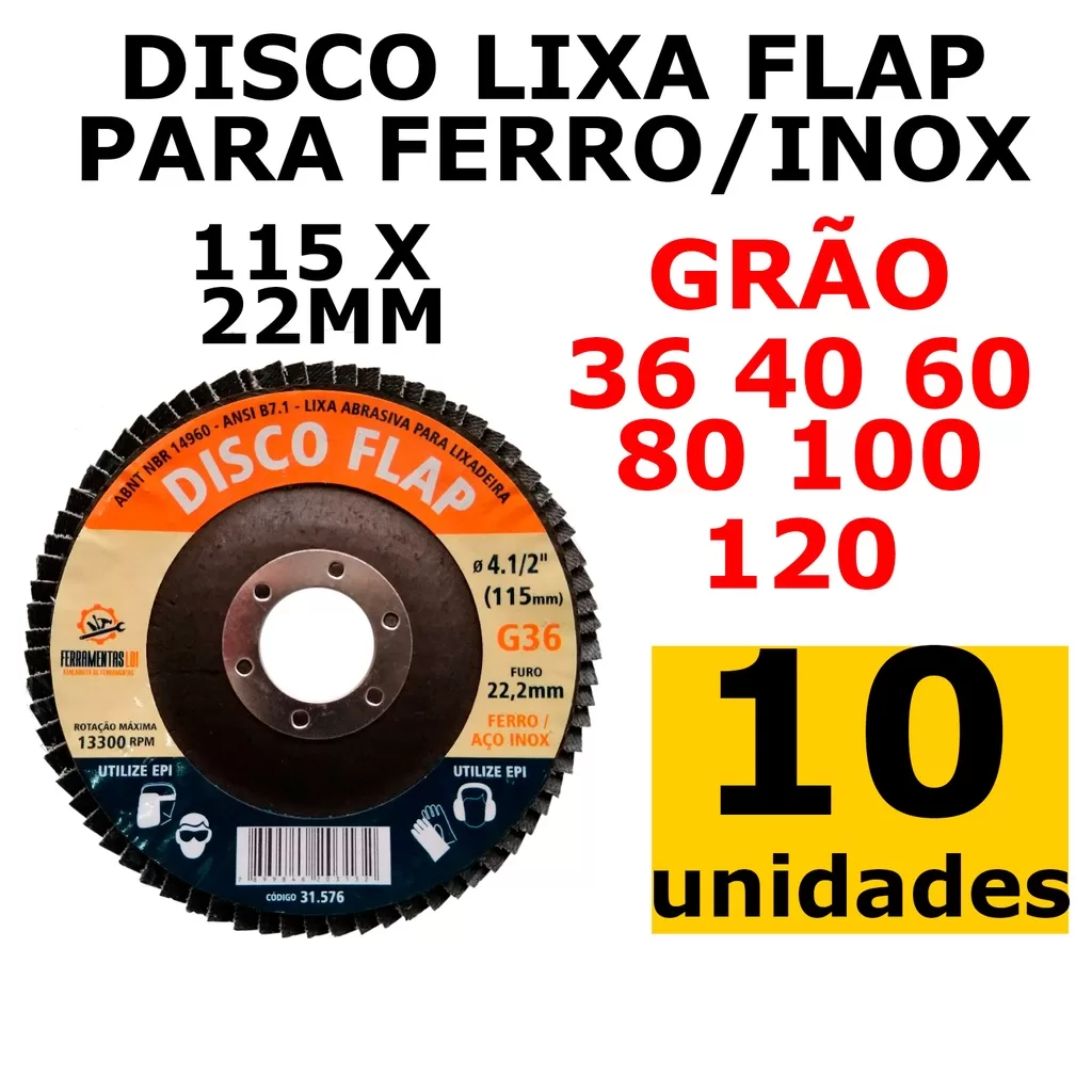 10 Discos Lixa Flap Ferro Zirconado Aço Inox Esmerilhadeira Lixadeira 115x22mm Ferramentas LDI