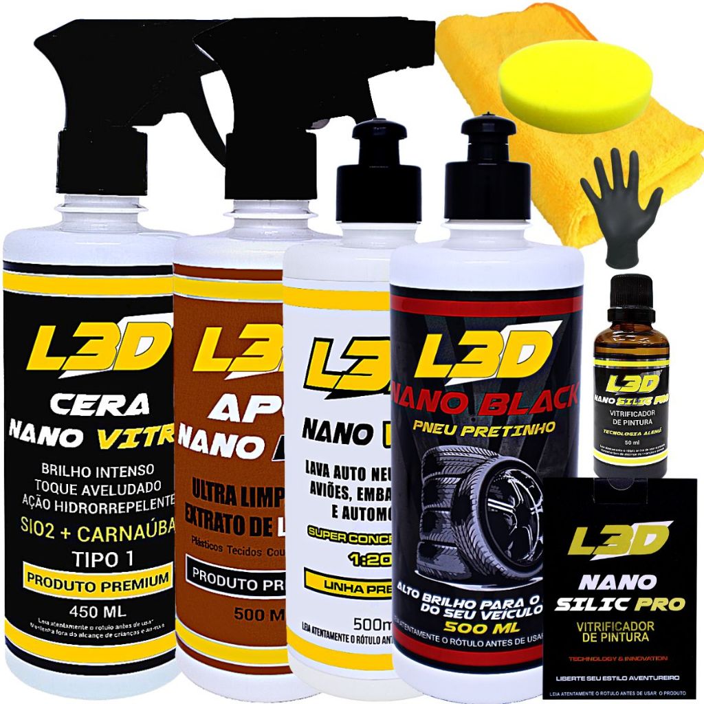 Kit Vitrificador Automotivo /Cera Cristalizadora /Higienizador e Limpador Interno /Shampoo /Pretinho