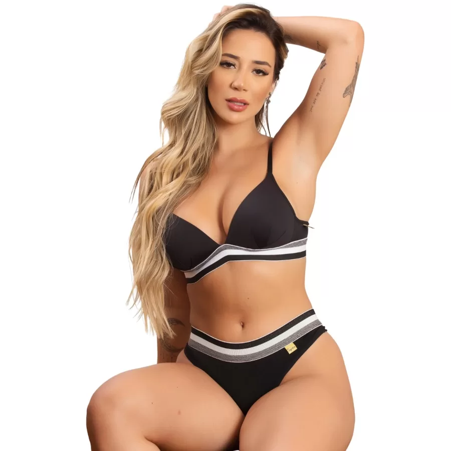 Kit 5 Conjuntos Feminino Sutiã E Calcinha Elástico Tricolor Bojo Flex Lingerie Tanga Fio Duplo Confo