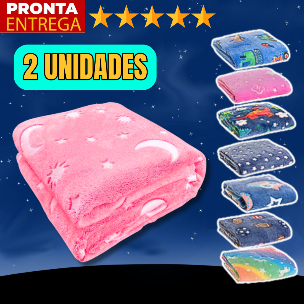 2 Unidades Manta Cobertor Brilha No Escuro Infantil Felpudo 1m x 80cm