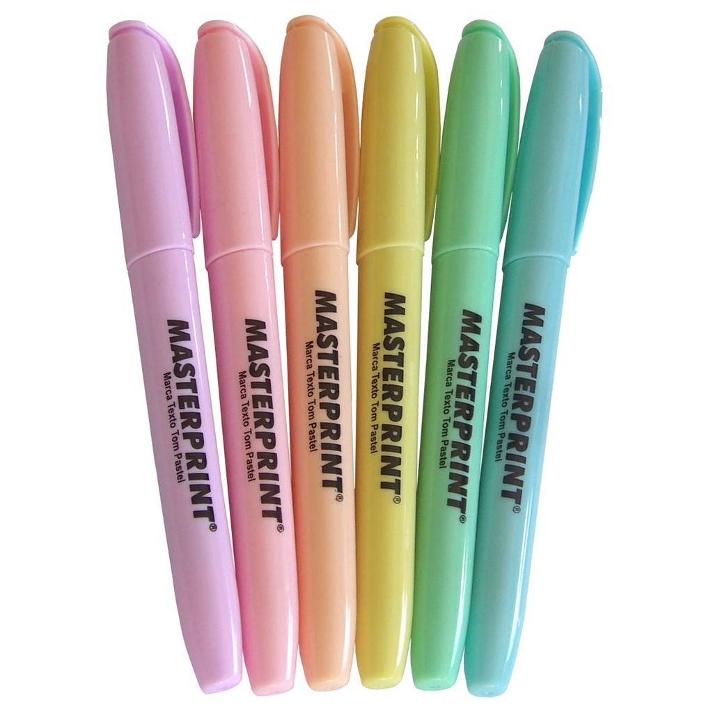 Kit 6 Cores Caneta Marca Texto Tom Pastel com Ponta Chanfrada Masterprint MP612 Amarela Verde Azul R