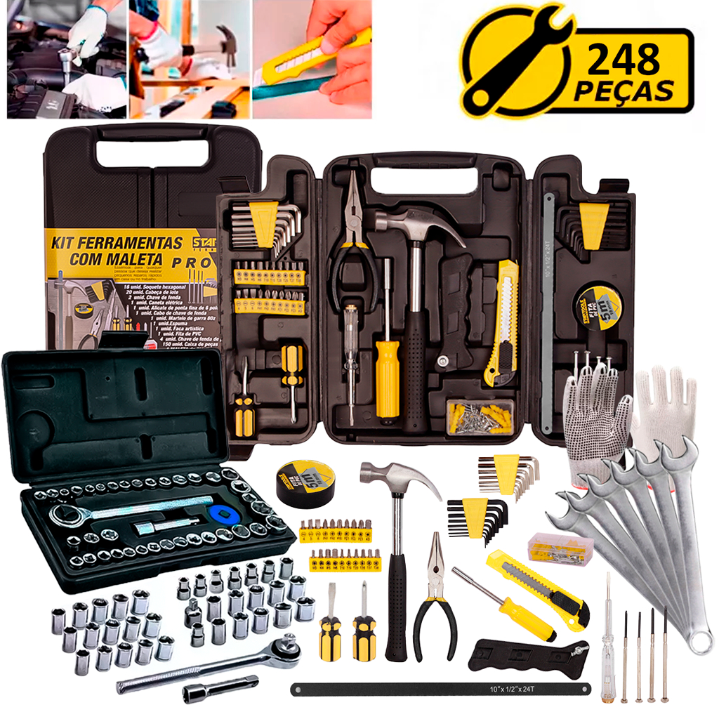 Kit Jogo De Ferramentas 248 Peças Soquetes Catraca Reversível + Chaves Combinadas + Luvas Pigmentada