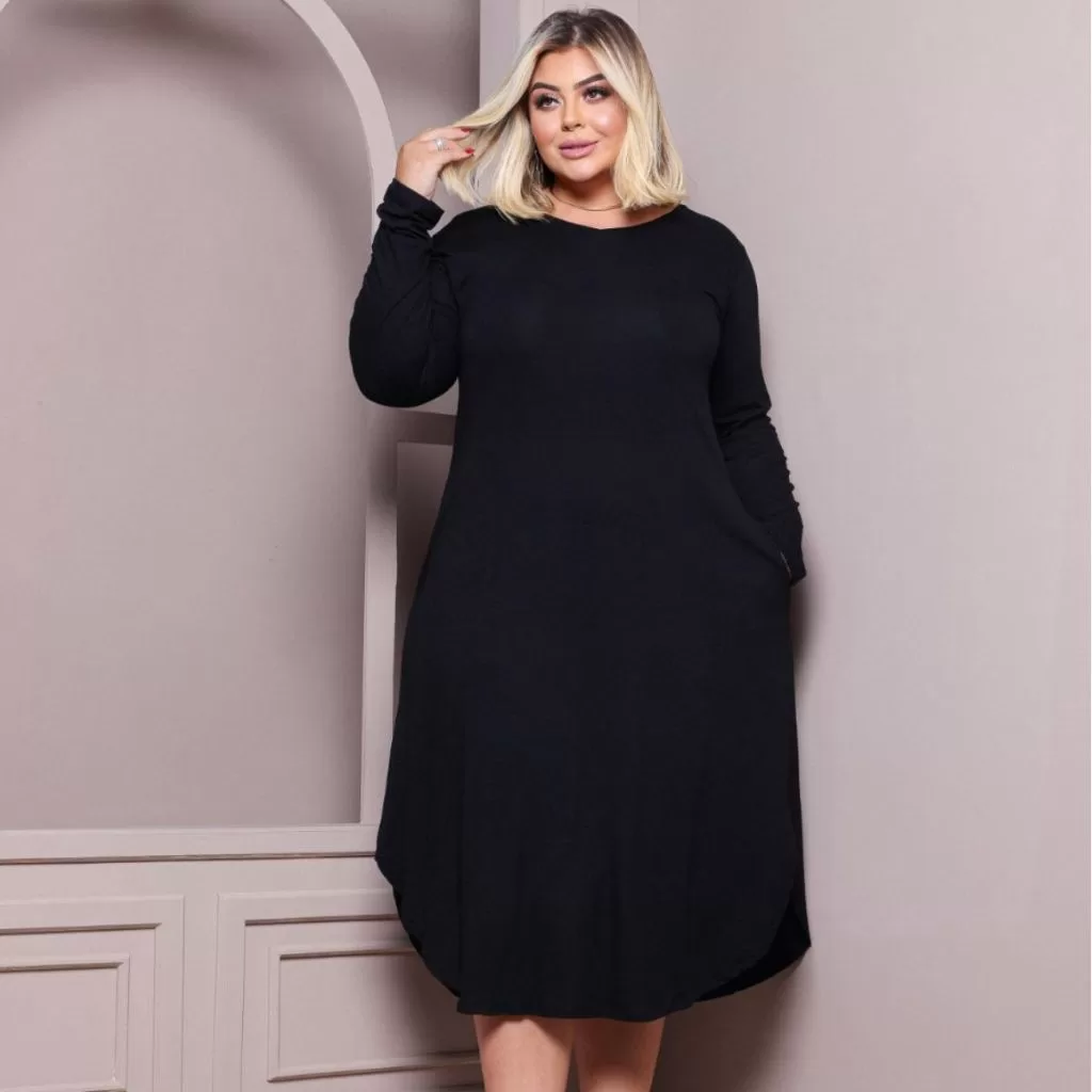 Vestidos Plus Size Manga Longa Feminina Soltinho Com Bolsos Gestante Grávida